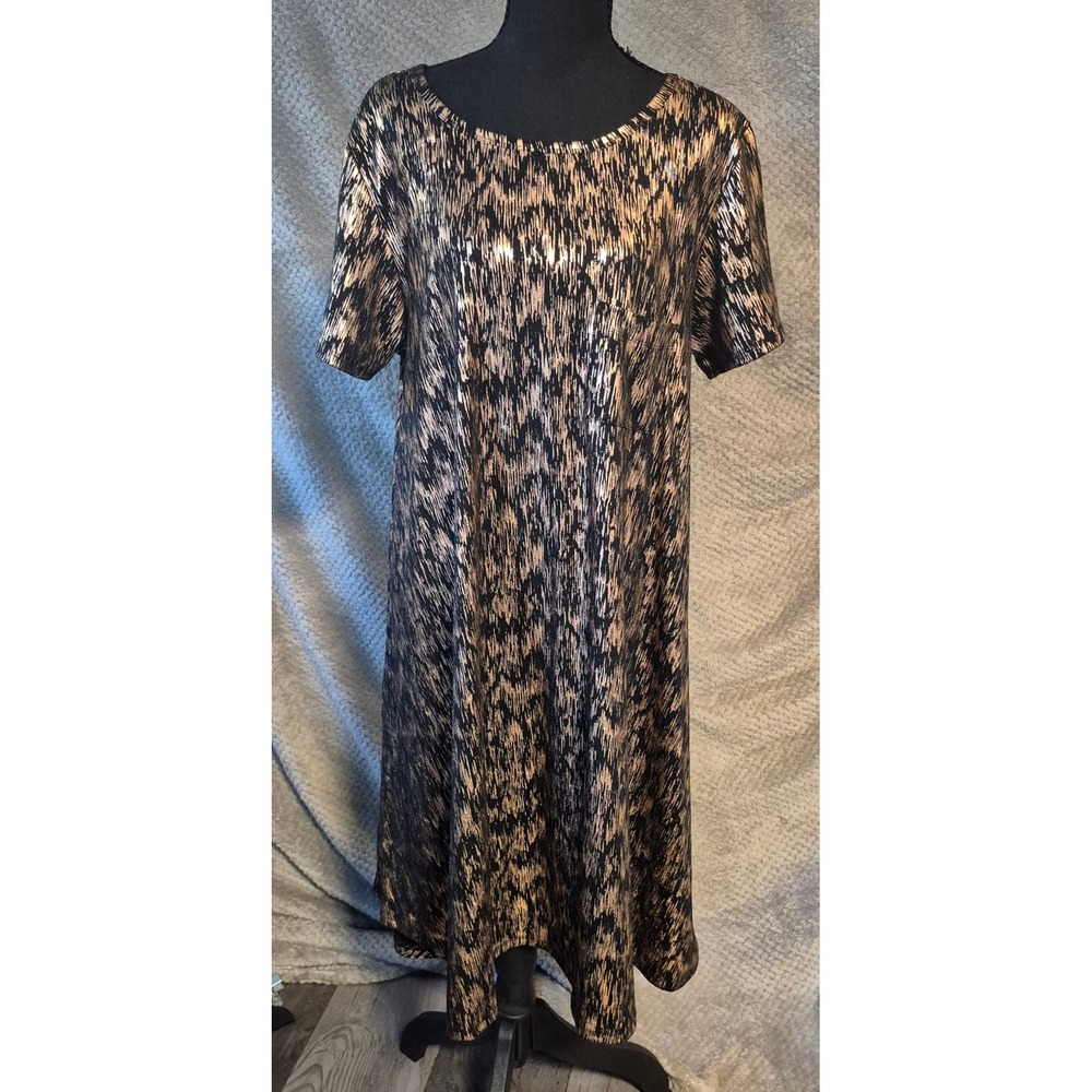 LuLaRoe Carly Dress XL Metallic Gold Black Brushstroke Short Sleeve Midi Dress